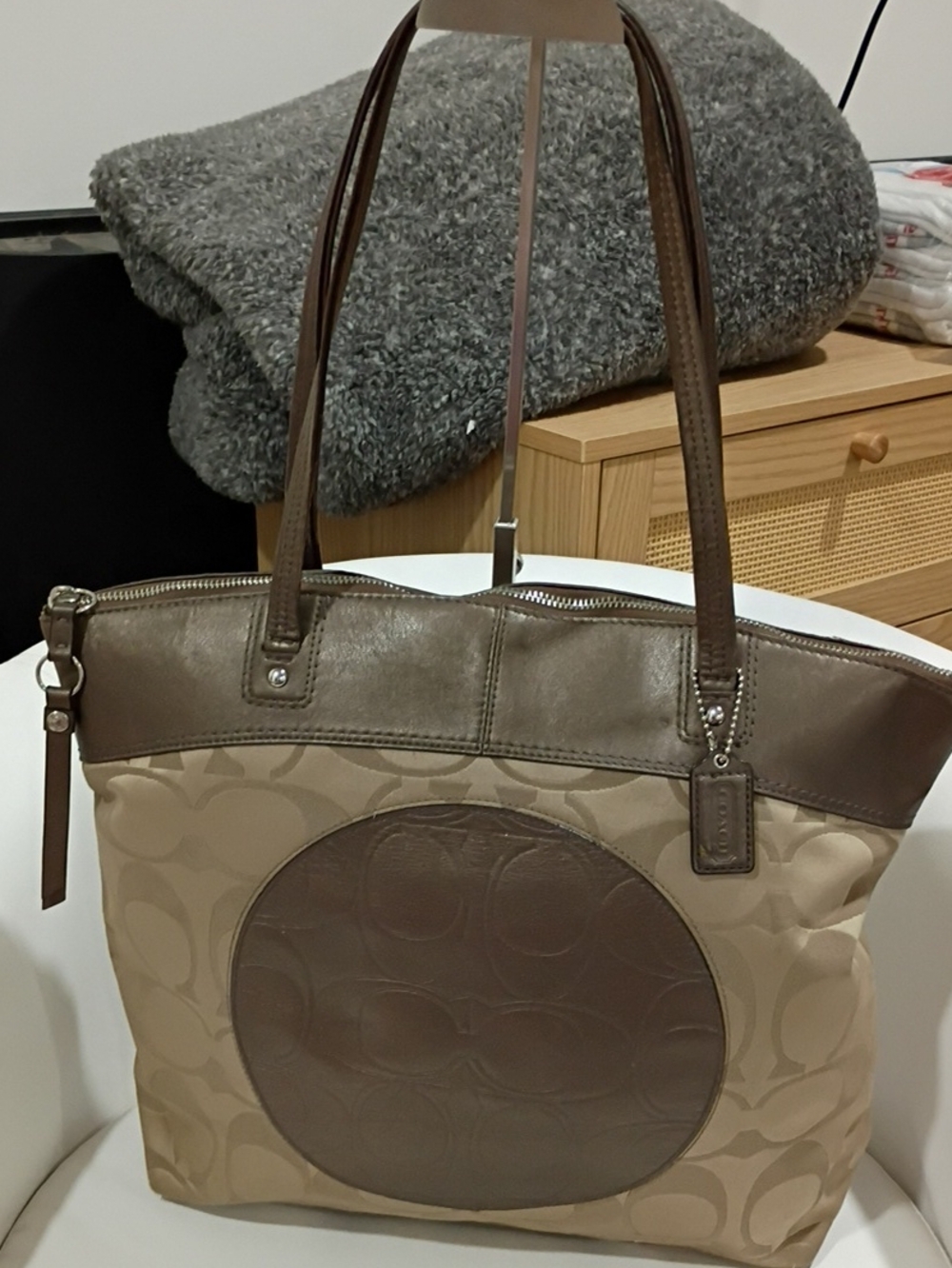 Coach Laura Kaki and Brown Signature Tote With Brown Metallic Leather Trim EUC